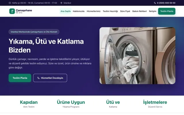 Çamaşırhane ve Ütü için Klasik Lacivert Turkuaz – Çamaşırhane ve Ütü Web Sitesi ana sayfa görünümü