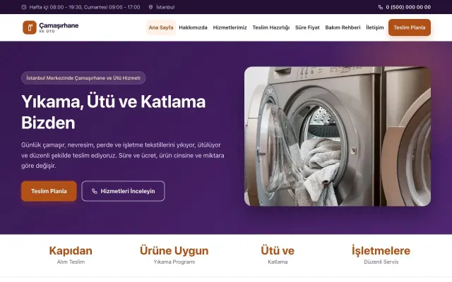 Çamaşırhane ve Ütü için Klasik Mor Turuncu – Çamaşırhane ve Ütü Web Sitesi ana sayfa görünümü