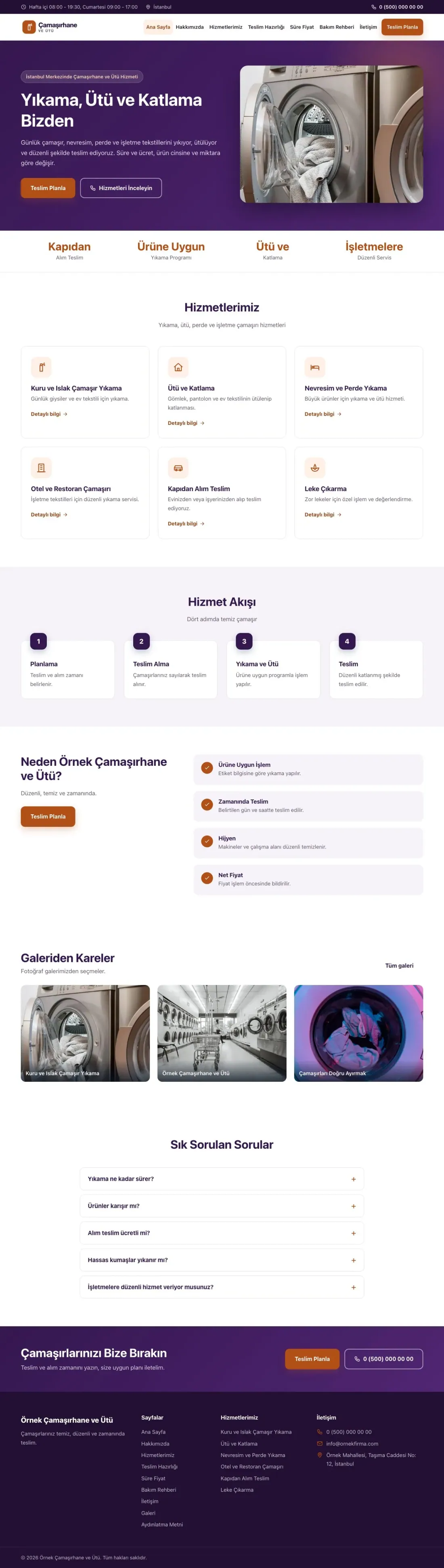 Çamaşırhane ve Ütü için Klasik Mor Turuncu – Çamaşırhane ve Ütü Web Sitesi ana sayfa görünümü