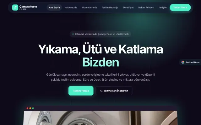 Çamaşırhane ve Ütü için Koyu Modern Mor Turkuaz – Çamaşırhane ve Ütü Web Sitesi ana sayfa görünümü