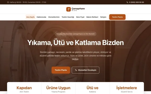 Çamaşırhane ve Ütü için Merkez Kahve Turuncu – Çamaşırhane ve Ütü Web Sitesi ana sayfa görünümü