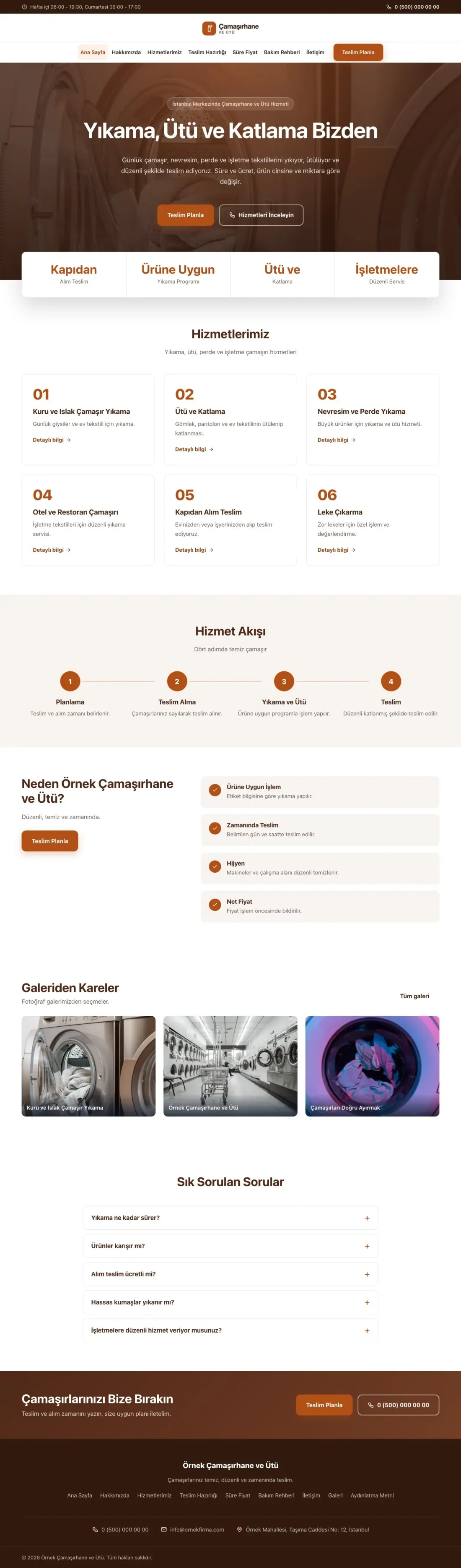 Çamaşırhane ve Ütü için Merkez Kahve Turuncu – Çamaşırhane ve Ütü Web Sitesi ana sayfa görünümü