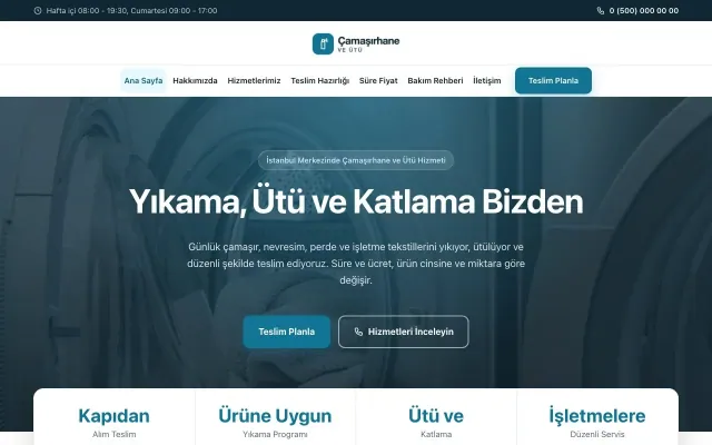 Çamaşırhane ve Ütü için Merkez Mavi Turkuaz – Çamaşırhane ve Ütü Web Sitesi ana sayfa görünümü