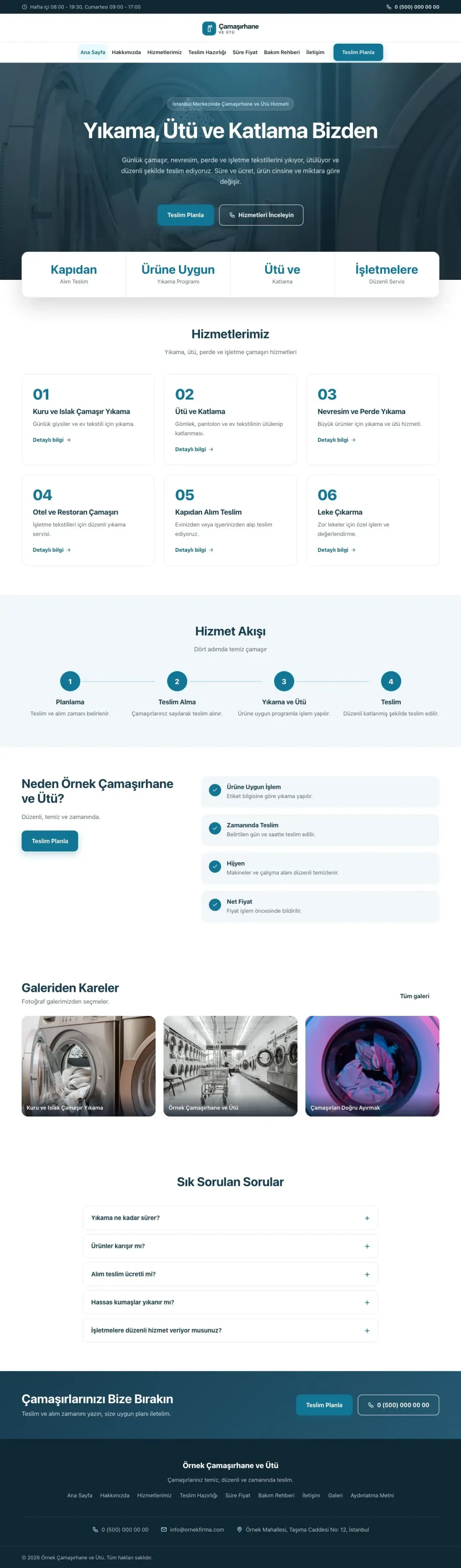 Çamaşırhane ve Ütü için Merkez Mavi Turkuaz – Çamaşırhane ve Ütü Web Sitesi ana sayfa görünümü