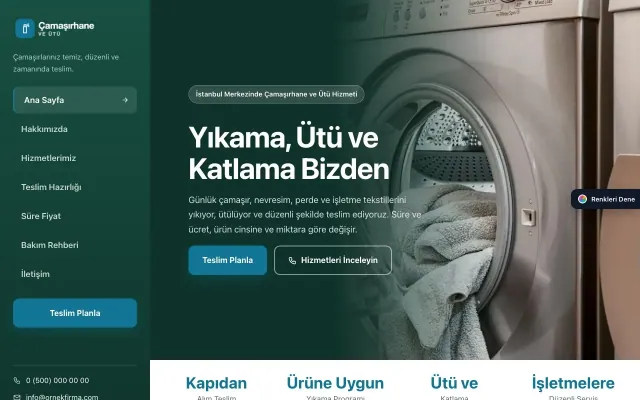 Çamaşırhane ve Ütü için Sol Menü Petrol Turkuaz – Çamaşırhane ve Ütü Web Sitesi ana sayfa görünümü