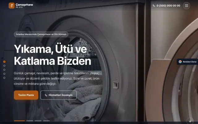 Çamaşırhane ve Ütü için Tam Ekran Petrol Turuncu – Çamaşırhane ve Ütü Web Sitesi ana sayfa görünümü