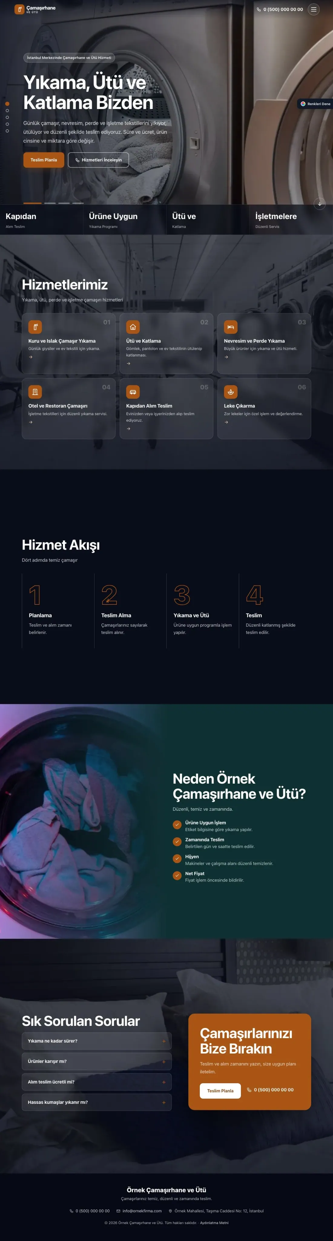Çamaşırhane ve Ütü için Tam Ekran Petrol Turuncu – Çamaşırhane ve Ütü Web Sitesi ana sayfa görünümü