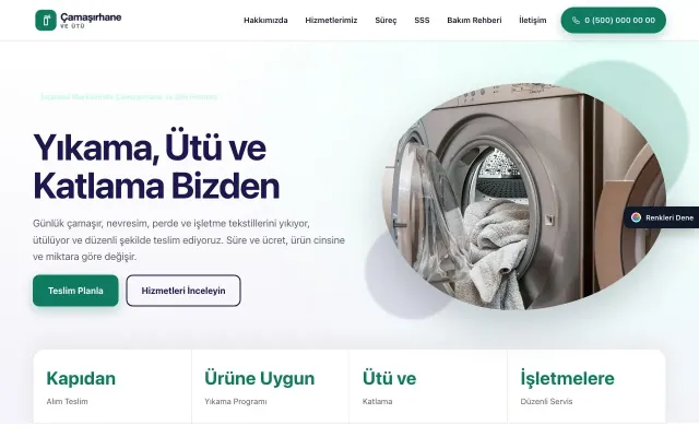 Çamaşırhane ve Ütü için Tek Sayfa Lacivert Turkuaz – Çamaşırhane ve Ütü Web Sitesi ana sayfa görünümü