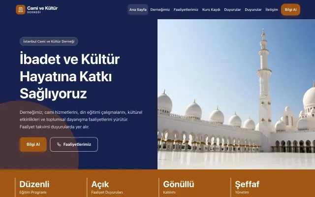 Blok Lacivert Turuncu – Cami ve Kültür Derneği Web Sitesi ana sayfa görünümü