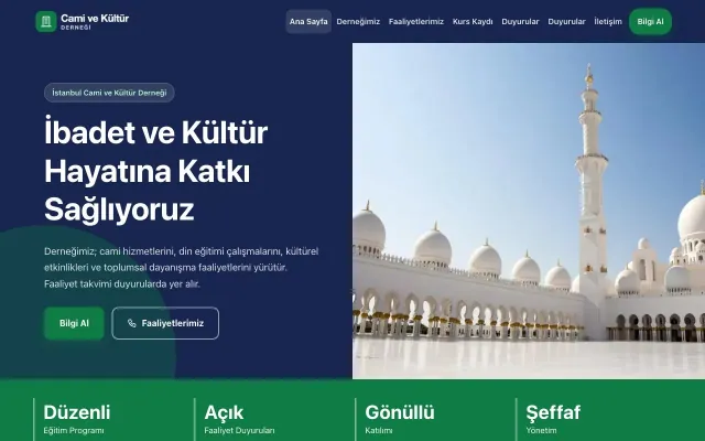 Blok Lacivert Yeşil – Cami ve Kültür Derneği Web Sitesi ana sayfa görünümü