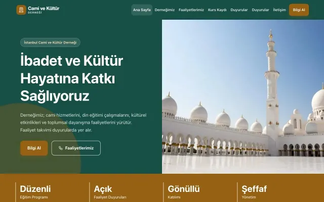 Blok Petrol Turuncu – Cami ve Kültür Derneği Web Sitesi ana sayfa görünümü