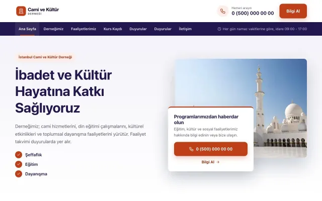 Bölünmüş Lacivert Turuncu – Cami ve Kültür Derneği Web Sitesi ana sayfa görünümü