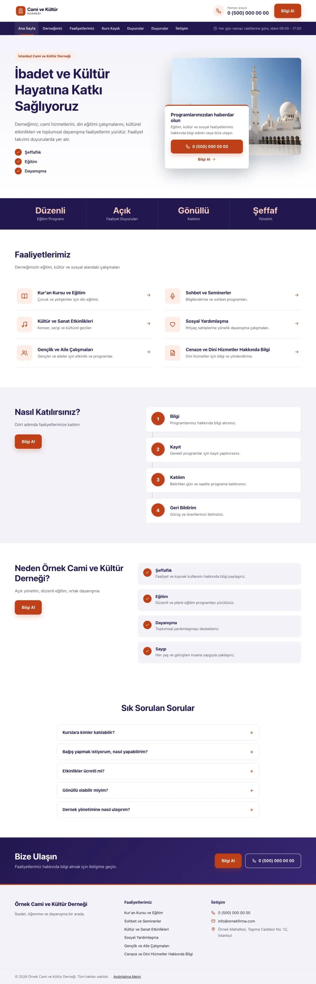 Bölünmüş Lacivert Turuncu – Cami ve Kültür Derneği Web Sitesi ana sayfa görünümü