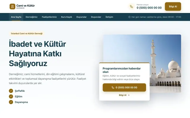 Bölünmüş Mavi Amber – Cami ve Kültür Derneği Web Sitesi ana sayfa görünümü