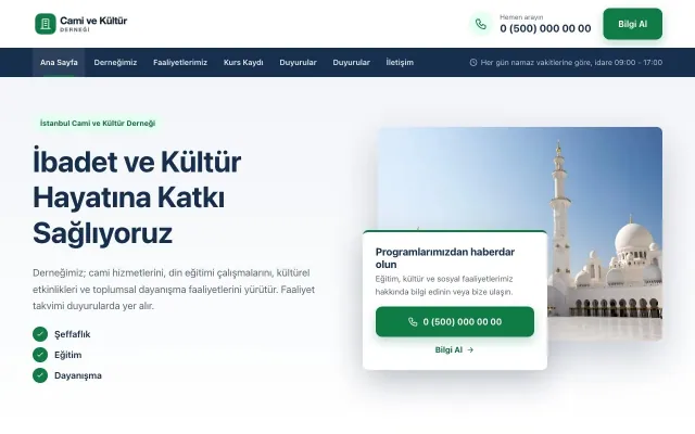 Bölünmüş Mavi Yeşil – Cami ve Kültür Derneği Web Sitesi ana sayfa görünümü