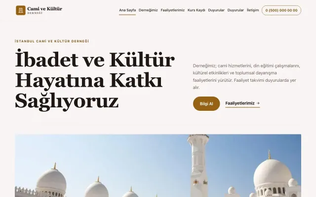 Editoryal Kahve Turuncu – Cami ve Kültür Derneği Web Sitesi ana sayfa görünümü