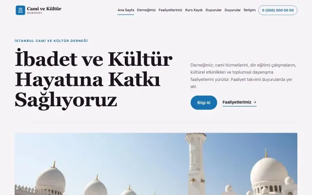 Editoryal Mor Mavi – Cami ve Kültür Derneği Web Sitesi ana sayfa görünümü