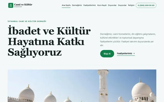 Editoryal Petrol Yeşil – Cami ve Kültür Derneği Web Sitesi ana sayfa görünümü