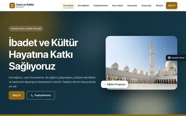 Cami ve Kültür Derneği için Hareketli Mavi Amber – Cami ve Kültür Derneği Web Sitesi ana sayfa görünümü