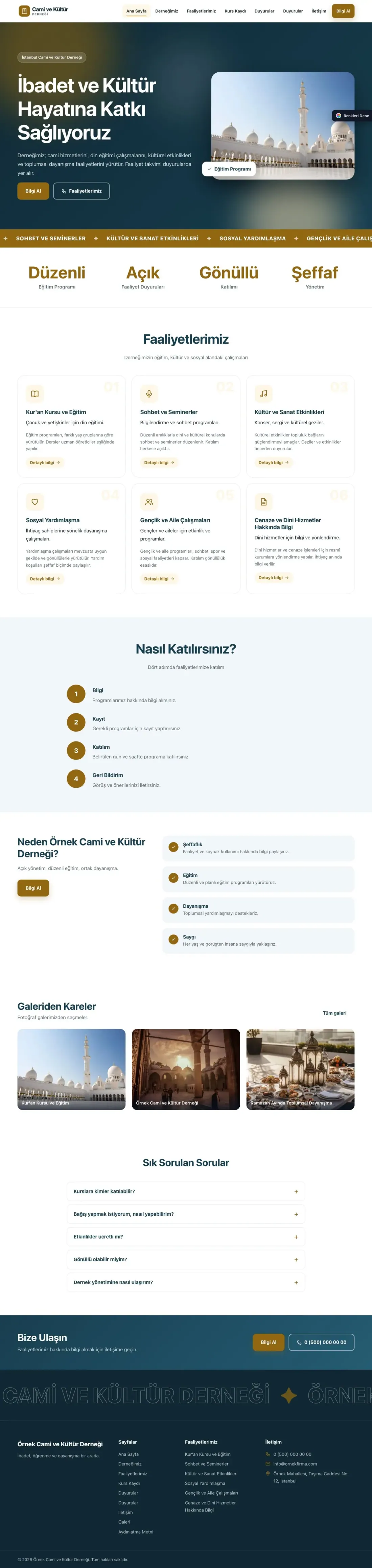 Cami ve Kültür Derneği için Hareketli Mavi Amber – Cami ve Kültür Derneği Web Sitesi ana sayfa görünümü