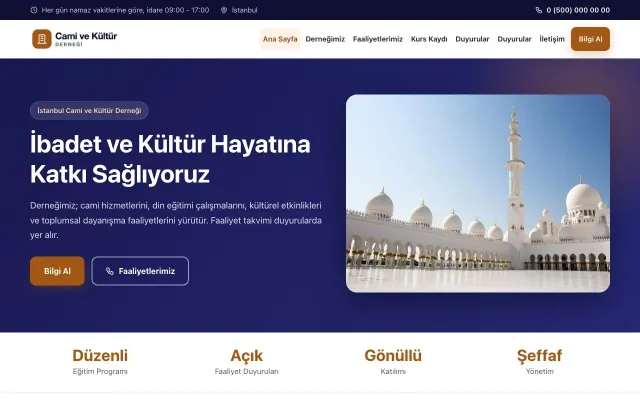 Klasik Lacivert Turuncu – Cami ve Kültür Derneği Web Sitesi ana sayfa görünümü