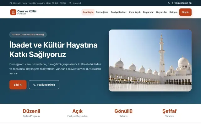 Klasik Mavi Turuncu – Cami ve Kültür Derneği Web Sitesi ana sayfa görünümü