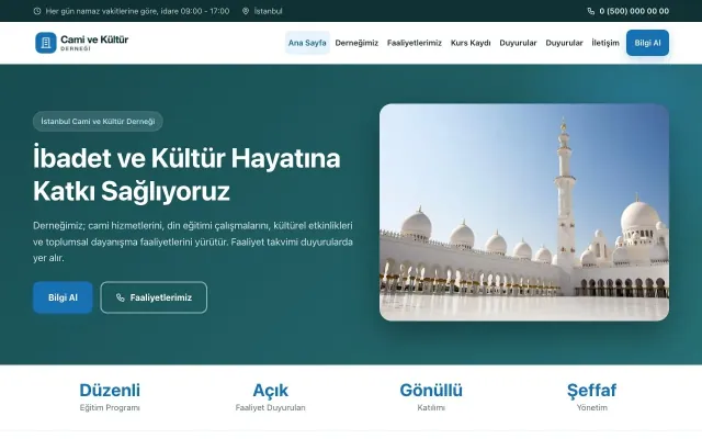 Klasik Petrol Mavi – Cami ve Kültür Derneği Web Sitesi ana sayfa görünümü