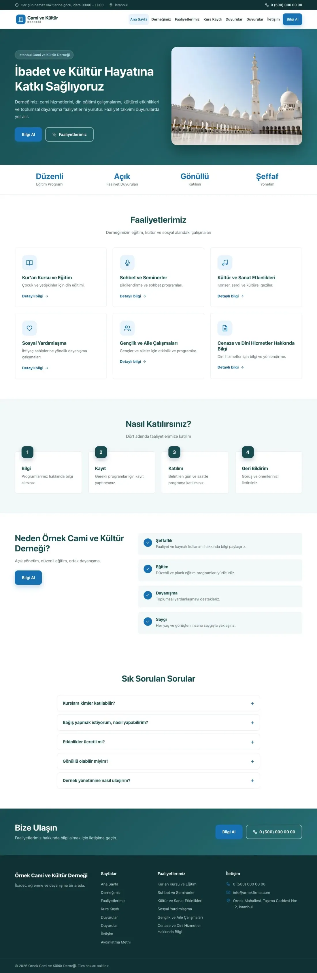 Klasik Petrol Mavi – Cami ve Kültür Derneği Web Sitesi ana sayfa görünümü