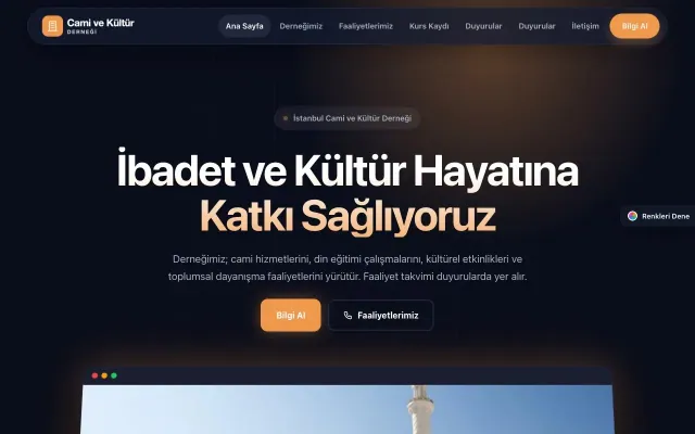 Cami ve Kültür Derneği için Koyu Modern Lacivert Turuncu – Cami ve Kültür Derneği Web Sitesi ana sayfa görünümü