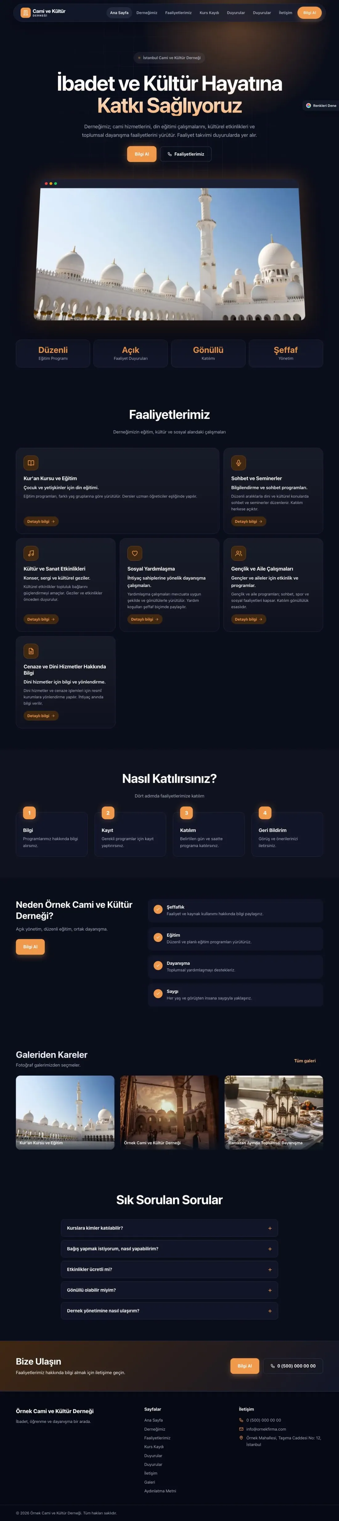 Cami ve Kültür Derneği için Koyu Modern Lacivert Turuncu – Cami ve Kültür Derneği Web Sitesi ana sayfa görünümü