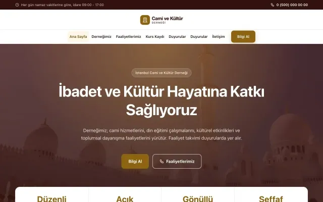 Merkez Bordo Amber – Cami ve Kültür Derneği Web Sitesi ana sayfa görünümü
