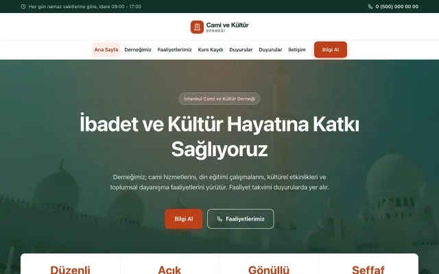 Merkez Yeşil Turuncu – Cami ve Kültür Derneği Web Sitesi ana sayfa görünümü