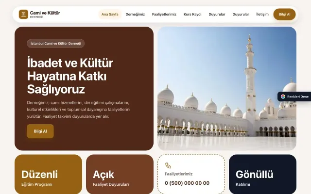 Cami ve Kültür Derneği için Mozaik Kahve Turuncu – Cami ve Kültür Derneği Web Sitesi ana sayfa görünümü