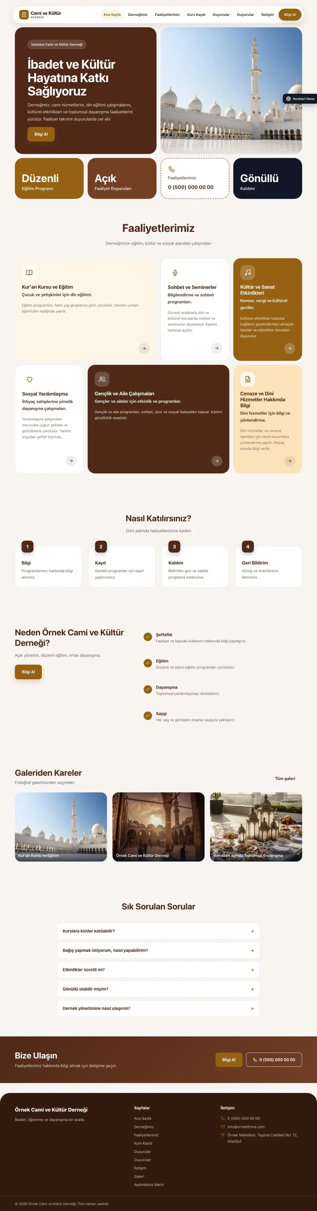 Cami ve Kültür Derneği için Mozaik Kahve Turuncu – Cami ve Kültür Derneği Web Sitesi ana sayfa görünümü