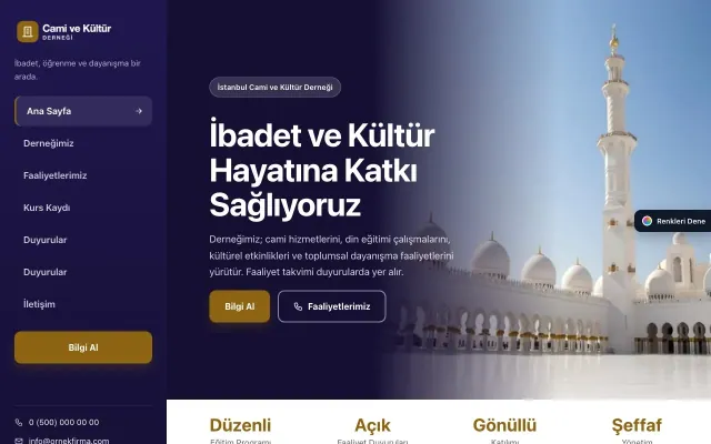 Cami ve Kültür Derneği için Sol Menü Lacivert Amber – Cami ve Kültür Derneği Web Sitesi ana sayfa görünümü