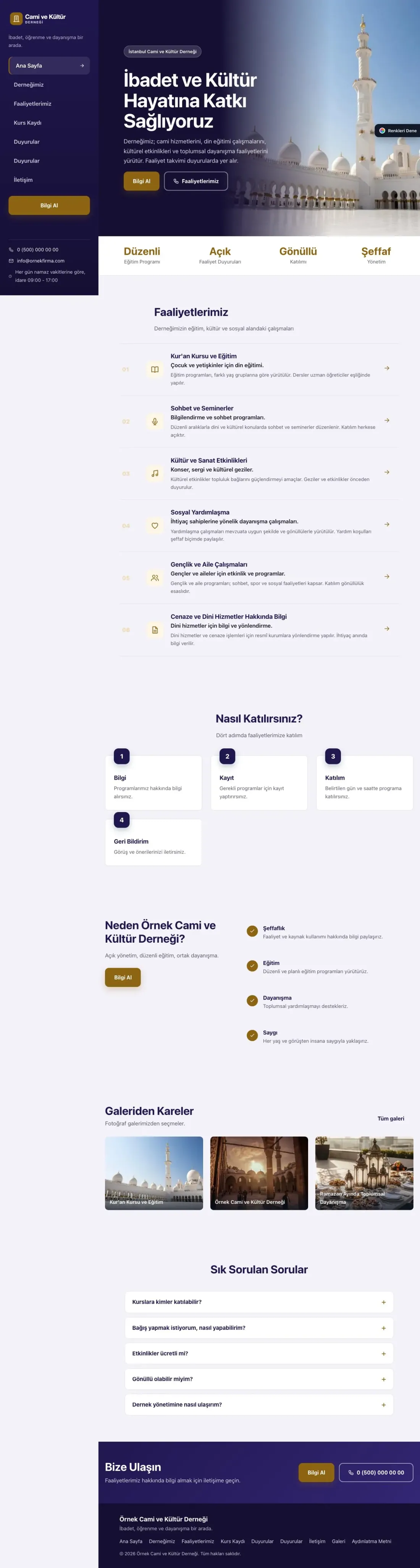 Cami ve Kültür Derneği için Sol Menü Lacivert Amber – Cami ve Kültür Derneği Web Sitesi ana sayfa görünümü