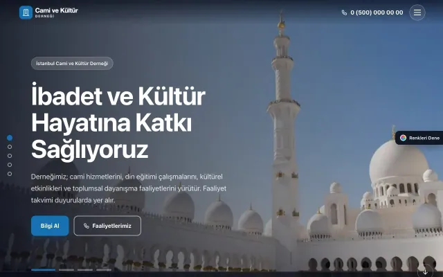 Cami ve Kültür Derneği için Tam Ekran Bordo Mavi – Cami ve Kültür Derneği Web Sitesi ana sayfa görünümü