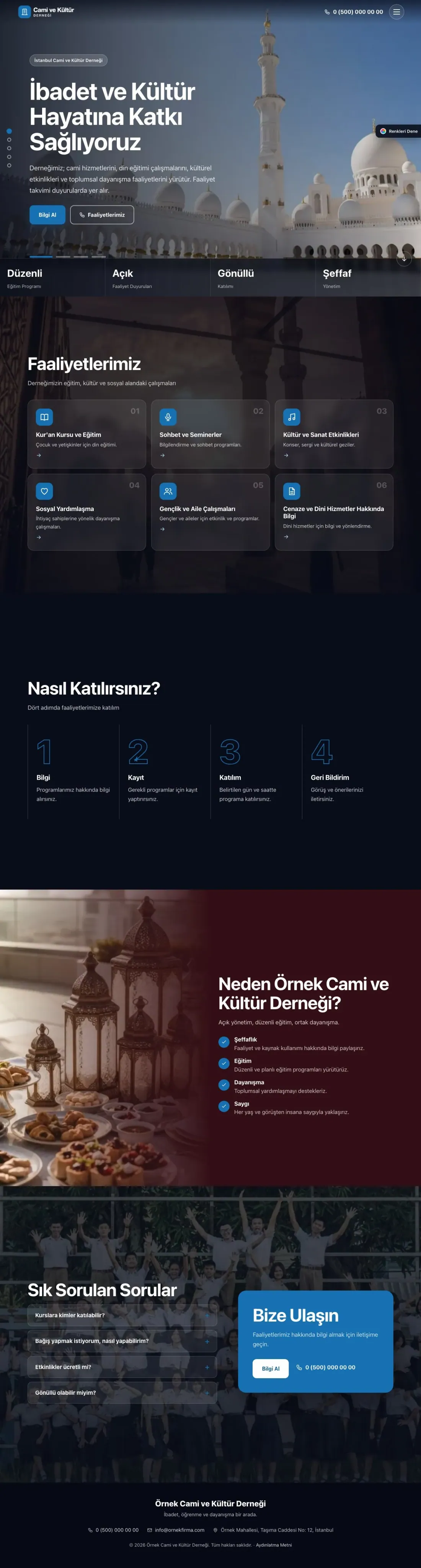 Cami ve Kültür Derneği için Tam Ekran Bordo Mavi – Cami ve Kültür Derneği Web Sitesi ana sayfa görünümü