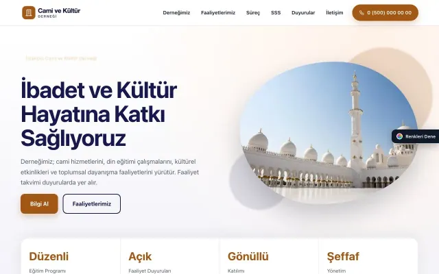 Cami ve Kültür Derneği için Tek Sayfa Lacivert Turuncu – Cami ve Kültür Derneği Web Sitesi ana sayfa görünümü