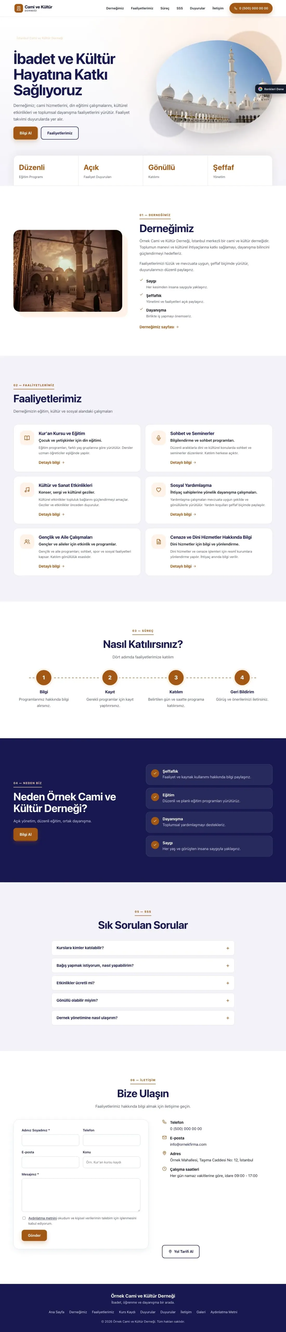 Cami ve Kültür Derneği için Tek Sayfa Lacivert Turuncu – Cami ve Kültür Derneği Web Sitesi ana sayfa görünümü
