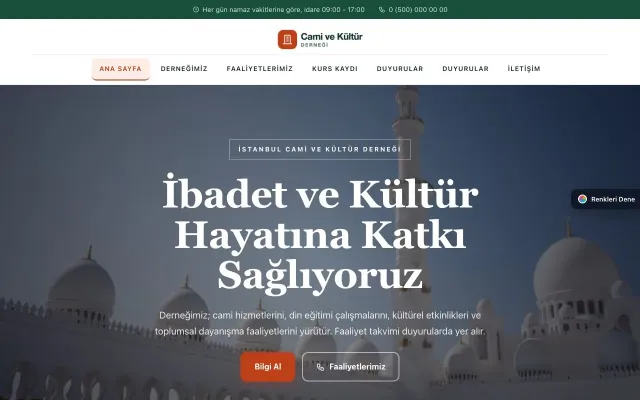 Cami ve Kültür Derneği için Zigzag Yeşil Turuncu – Cami ve Kültür Derneği Web Sitesi ana sayfa görünümü