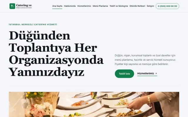 Editoryal Mavi Yeşil – Catering Web Sitesi ana sayfa görünümü