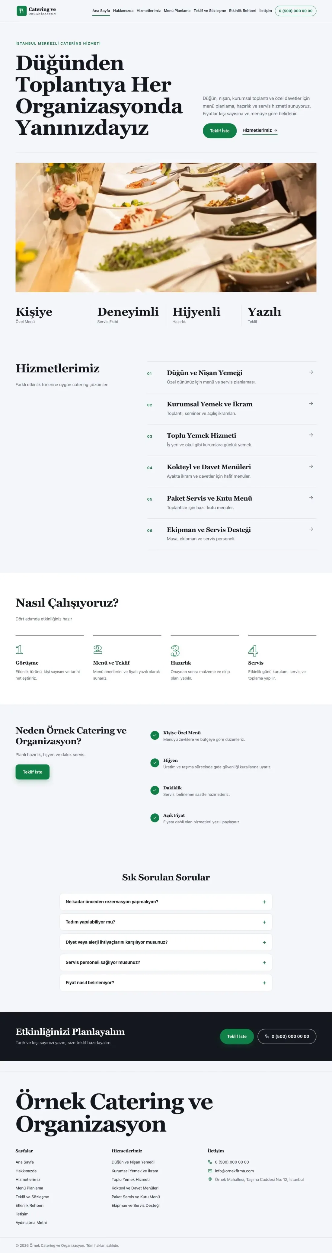 Editoryal Mavi Yeşil – Catering Web Sitesi ana sayfa görünümü