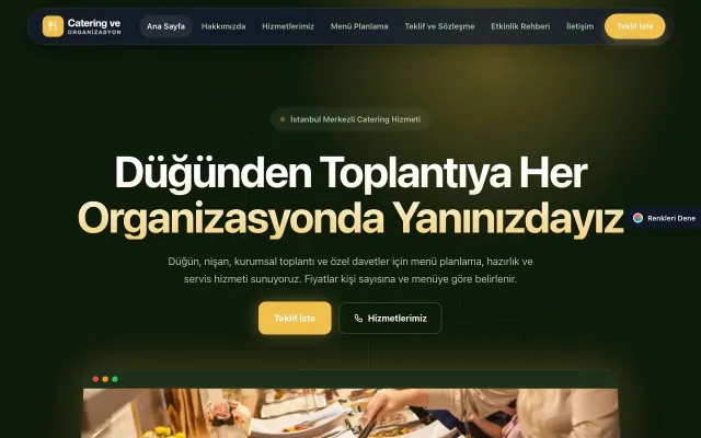 Catering için Koyu Modern Yeşil Amber – Catering Web Sitesi ana sayfa görünümü