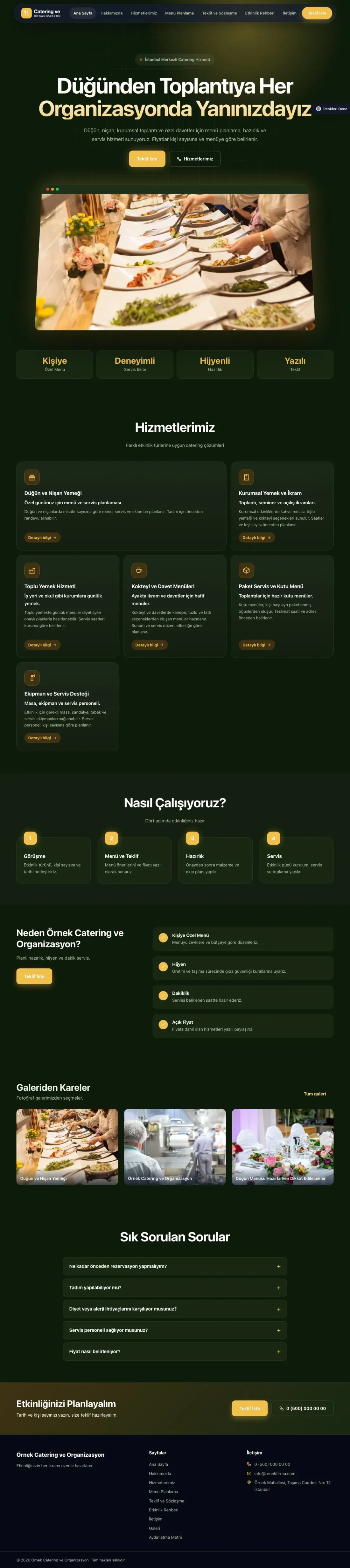 Catering için Koyu Modern Yeşil Amber – Catering Web Sitesi ana sayfa görünümü