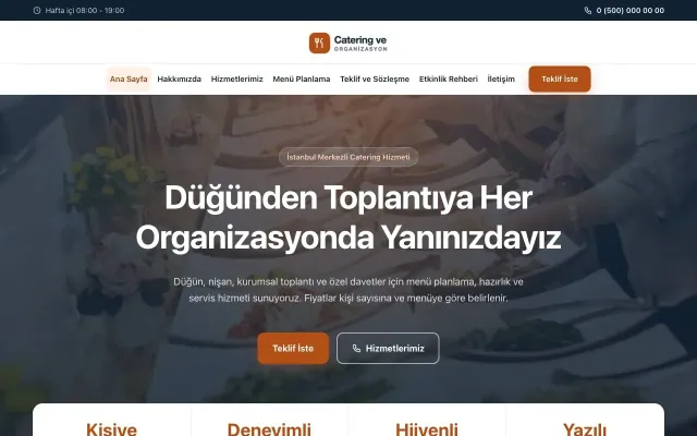Merkez Mavi Turuncu – Catering Web Sitesi ana sayfa görünümü