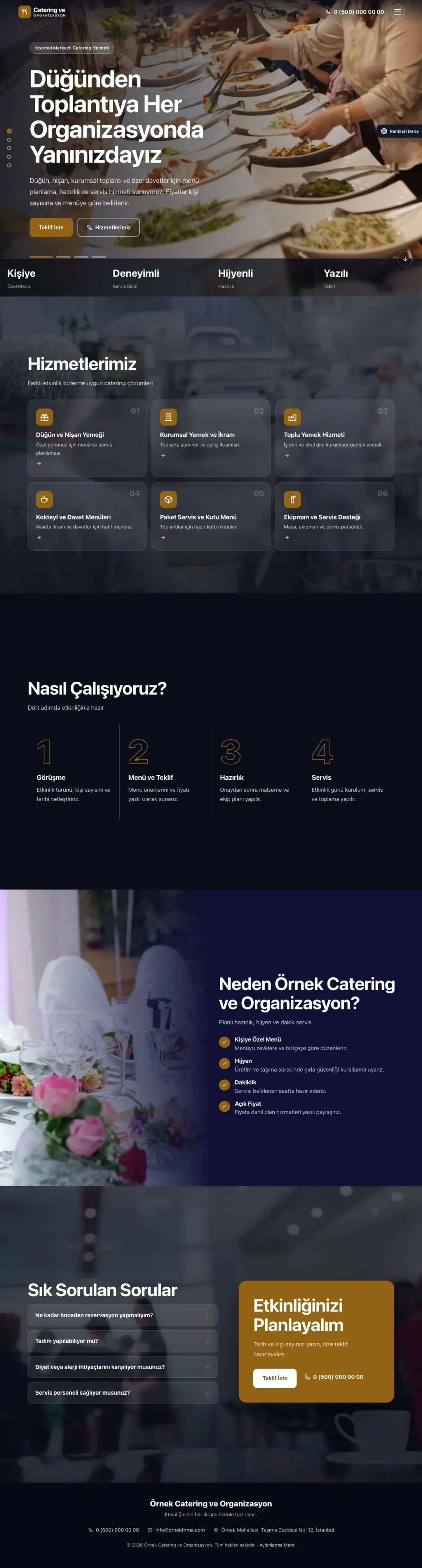 Catering için Tam Ekran Lacivert Turuncu – Catering Web Sitesi ana sayfa görünümü