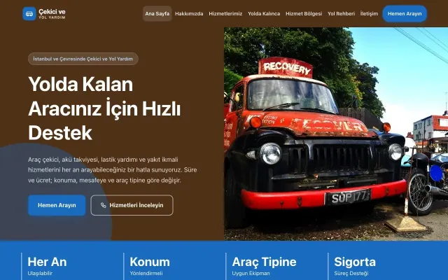 Çekici ve Yol Yardım için Blok Kahve Mavi – Çekici ve Yol Yardım Web Sitesi ana sayfa görünümü