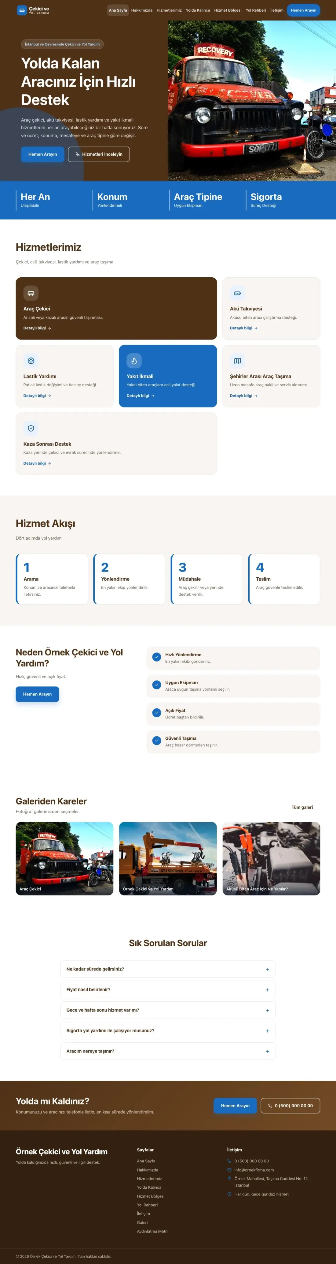 Çekici ve Yol Yardım için Blok Kahve Mavi – Çekici ve Yol Yardım Web Sitesi ana sayfa görünümü