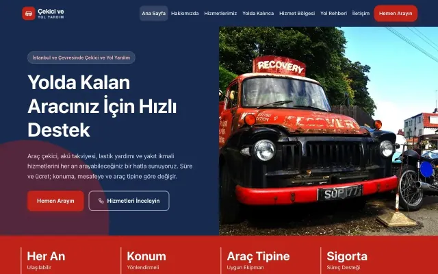 Çekici ve Yol Yardım için Blok Mavi Kırmızı – Çekici ve Yol Yardım Web Sitesi ana sayfa görünümü